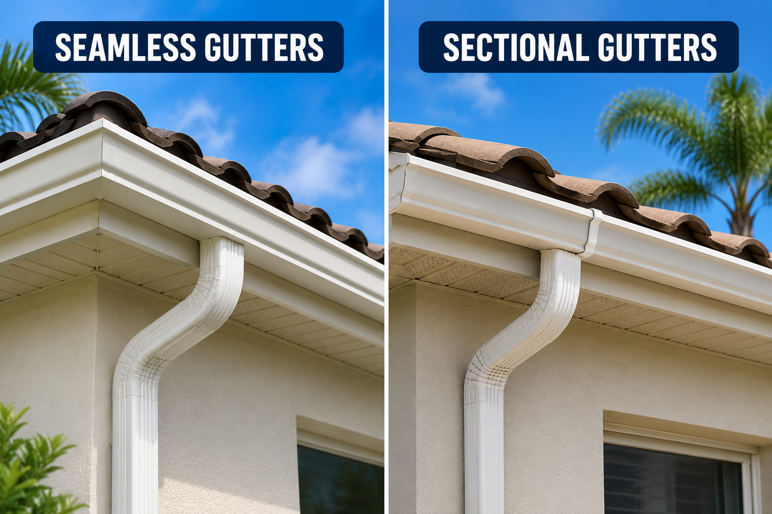 Side-by-side comparison of seamless gutters and sectional gutters installed on a Florida-style home, showing the clean continuous design of seamless gutters versus visible joints in sectional gutters.
